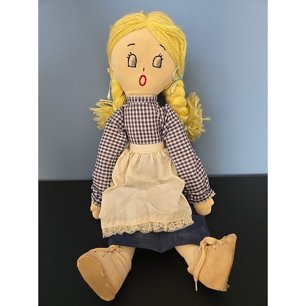 Vintage Handmade Cloth Doll‎ With Stitched Facial Features Blond Hair Apron